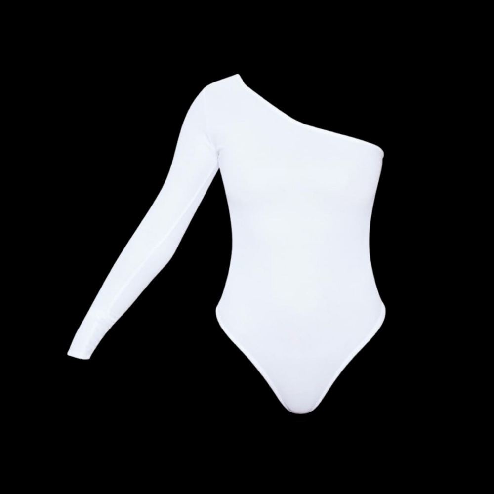 White stretch crepe one shoulder thong bodysuit